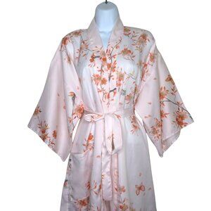 Vintage Womens OS Pink Floral Kimono Robe Belt Pocket Made in Japan
